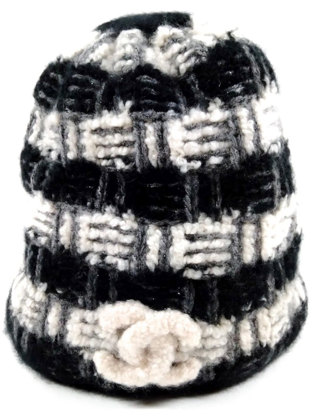 CHANEL Black & Cream Knit Flower Bucket Hat